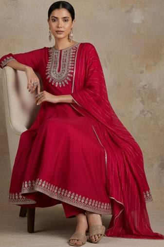 Women Ethnic Motifs Embroidered Regular Thread Work Kurta with Trousers & With Dupatta