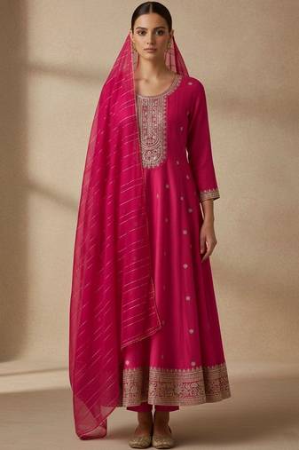 Women Ethnic Motifs Embroidered Panelled Thread Work Kurta with Churidar & With Dupatta