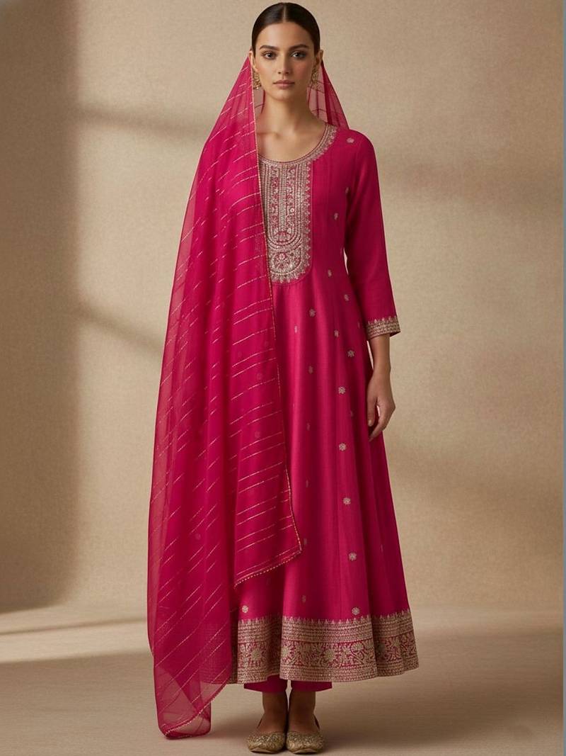 Women Ethnic Motifs Embroidered Panelled Thread Work Kurta with Churidar & With Dupatta