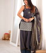 Light blue color silk blend embroidered farsi salwar kameez set full stitched.