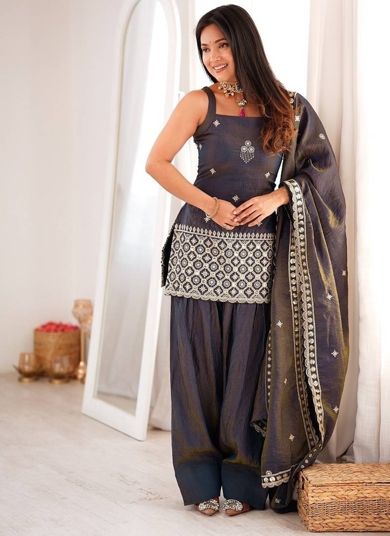 Light blue color silk blend embroidered farsi salwar kameez set full stitched.