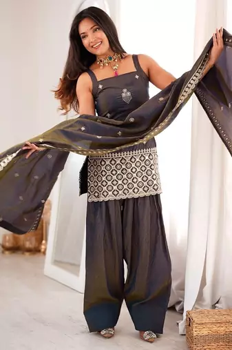 Light blue color silk blend embroidered farsi salwar kameez set full stitched.