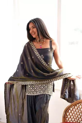 Light blue color silk blend embroidered farsi salwar kameez set full stitched.