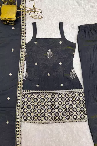 Light blue color silk blend embroidered farsi salwar kameez set full stitched.
