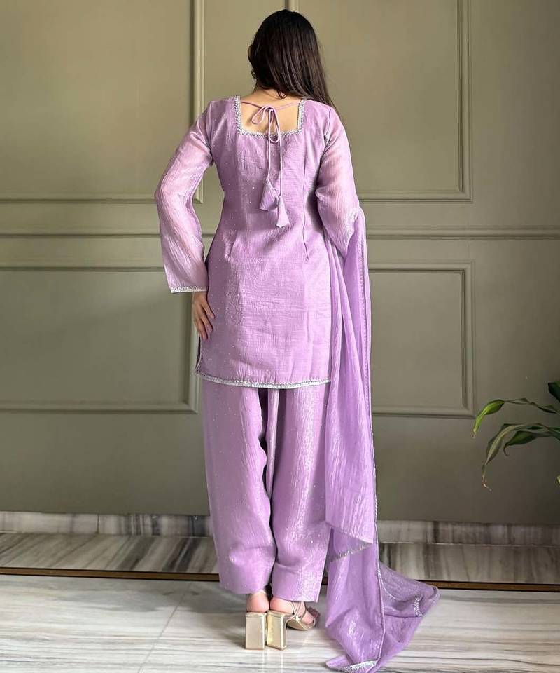 Onion zardosi work crunchy silk patiala salwar suit set with crunchy silk dupatta