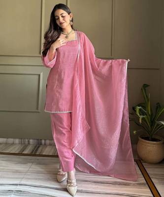 Pink zardosi work crunchy silk patiala salwar suit set with crunchy silk dupatta 1