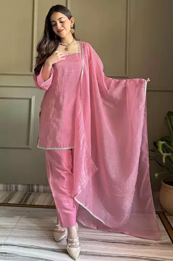 Pink zardosi work crunchy silk patiala salwar suit set with crunchy silk dupatta