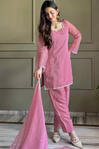 Pink zardosi work crunchy silk patiala salwar suit set with crunchy silk dupatta