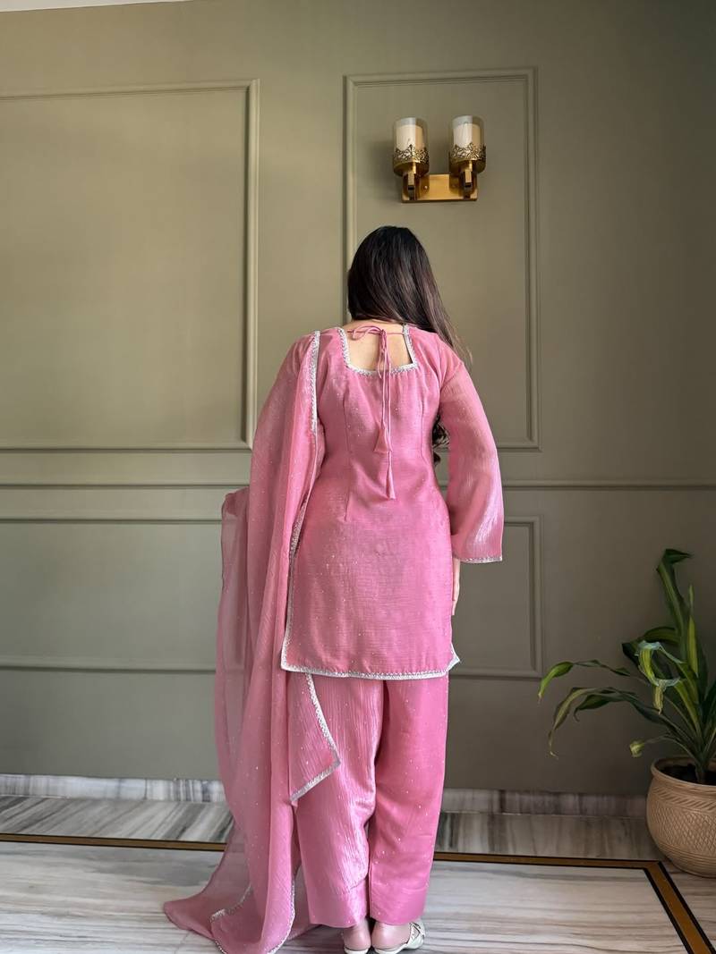 Pink zardosi work crunchy silk patiala salwar suit set with crunchy silk dupatta