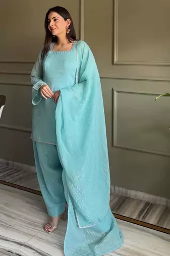 Rama zardosi work crunchy silk patiala salwar suit set with crunchy silk dupatta