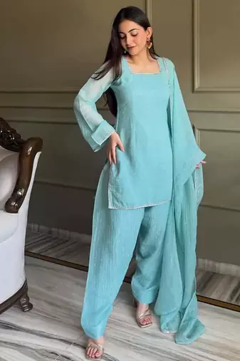 Rama zardosi work crunchy silk patiala salwar suit set with crunchy silk dupatta