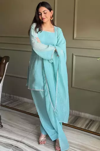 Rama zardosi work crunchy silk patiala salwar suit set with crunchy silk dupatta