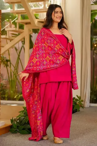 Rani embroidered silk crepe patiala set with chinnon dupatta