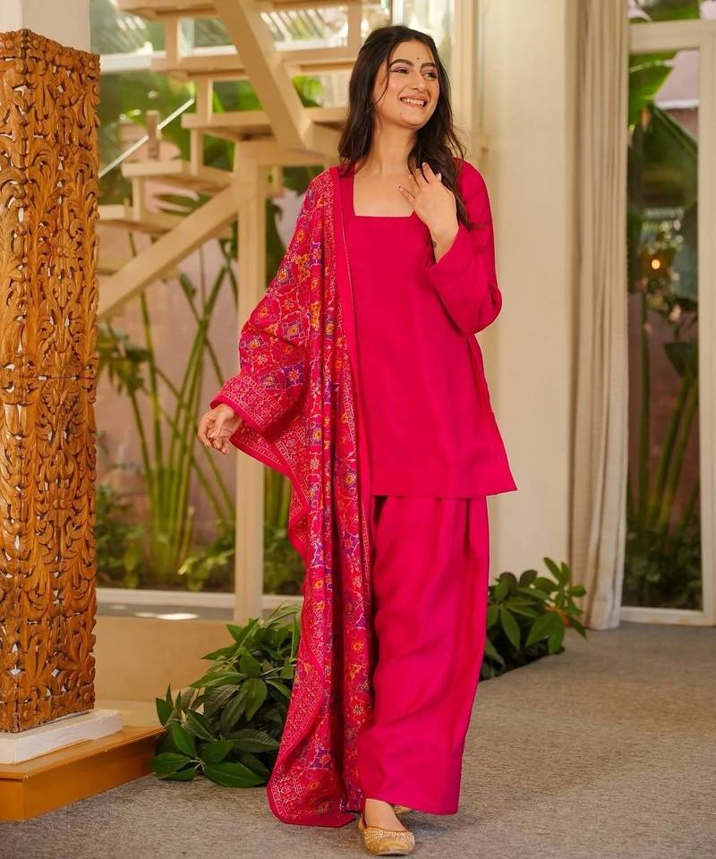 Rani embroidered silk crepe patiala set with chinnon dupatta