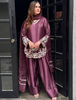 Onion embroidery work silk crepe patiala pant suit set with net dupatta 1