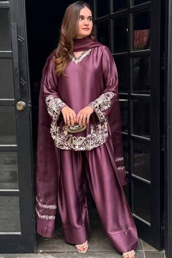 Onion embroidery work silk crepe patiala pant suit set with net dupatta