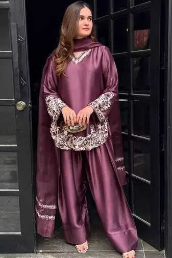 Onion embroidery work silk crepe patiala pant suit set with net dupatta