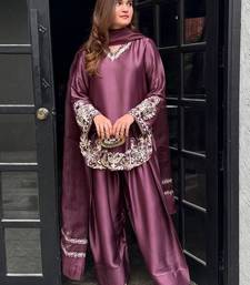 Onion embroidery work silk crepe patiala pant suit set with net dupatta