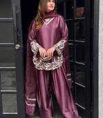 Onion embroidery work silk crepe patiala pant suit set with net dupatta