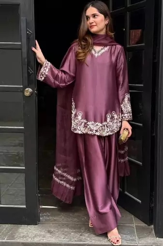 Onion embroidery work silk crepe patiala pant suit set with net dupatta