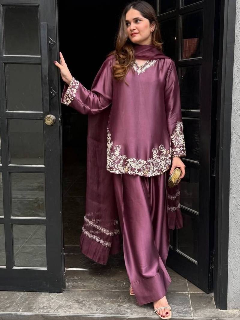 Onion embroidery work silk crepe patiala pant suit set with net dupatta