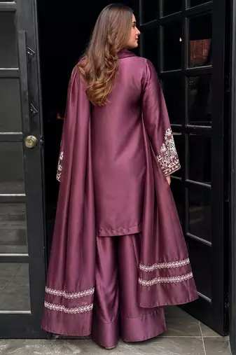 Onion embroidery work silk crepe patiala pant suit set with net dupatta