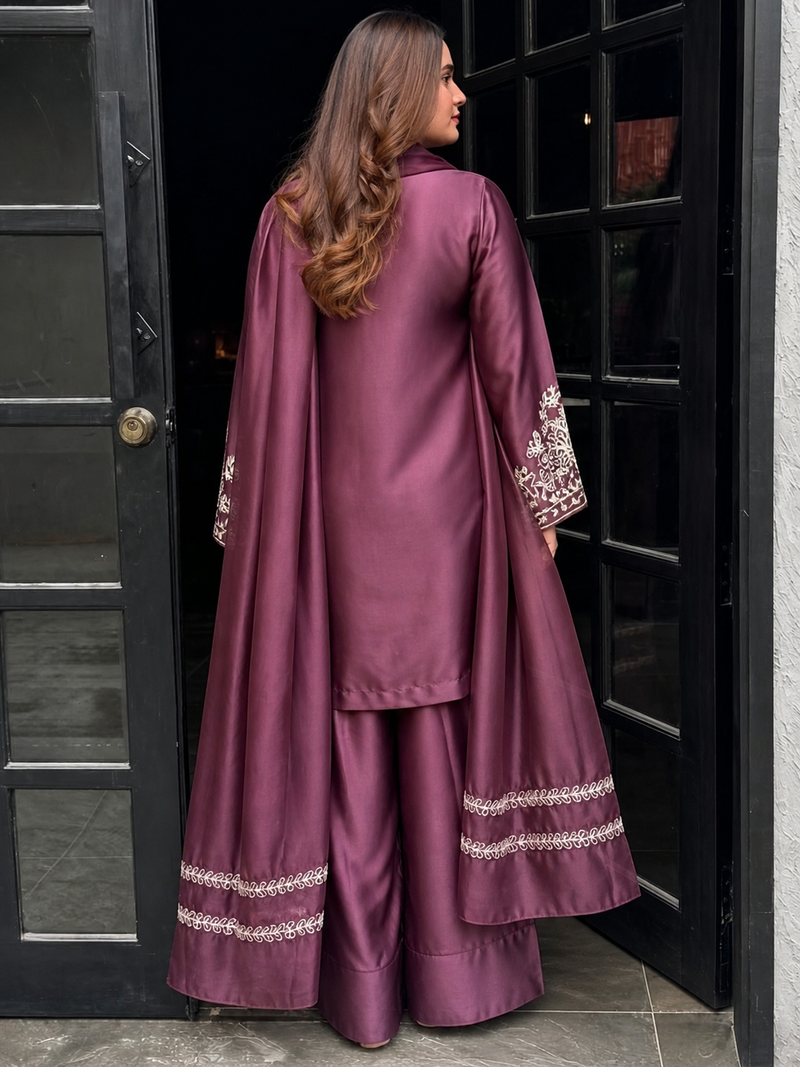 Onion embroidery work silk crepe patiala pant suit set with net dupatta