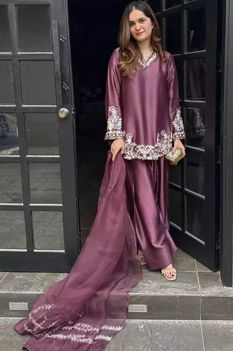 Onion embroidery work silk crepe patiala pant suit set with net dupatta