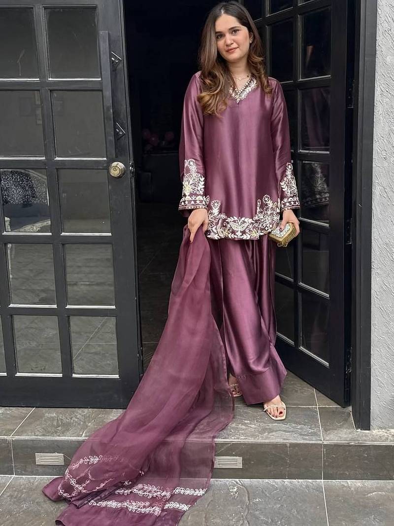 Onion embroidery work silk crepe patiala pant suit set with net dupatta