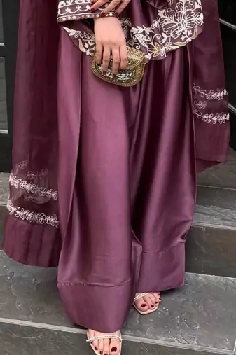 Onion embroidery work silk crepe patiala pant suit set with net dupatta