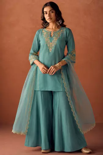 Rama embroidery work chanderi silk palazzo salwar suit set with organza silk dupatta