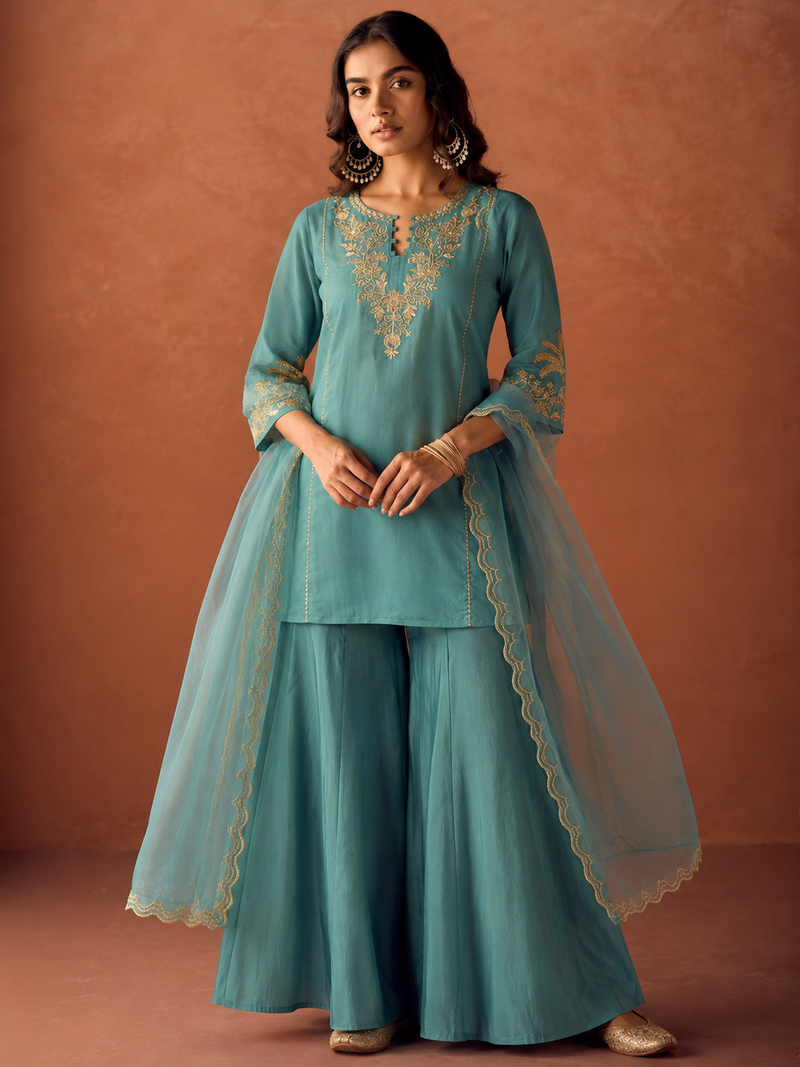 Rama embroidery work chanderi silk palazzo salwar suit set with organza silk dupatta