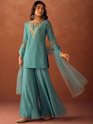 Rama embroidery work chanderi silk palazzo salwar suit set with organza silk dupatta 2