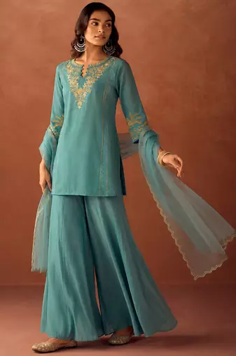 Rama embroidery work chanderi silk palazzo salwar suit set with organza silk dupatta