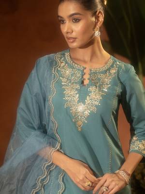 Rama embroidery work chanderi silk palazzo salwar suit set with organza silk dupatta 3