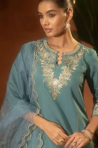 Rama embroidery work chanderi silk palazzo salwar suit set with organza silk dupatta