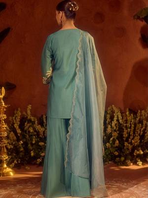 Rama embroidery work chanderi silk palazzo salwar suit set with organza silk dupatta 4
