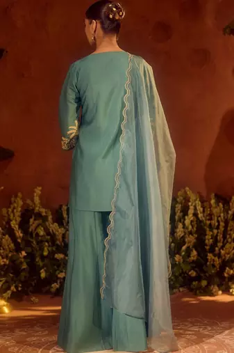 Rama embroidery work chanderi silk palazzo salwar suit set with organza silk dupatta