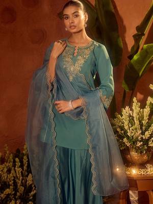 Rama embroidery work chanderi silk palazzo salwar suit set with organza silk dupatta 5