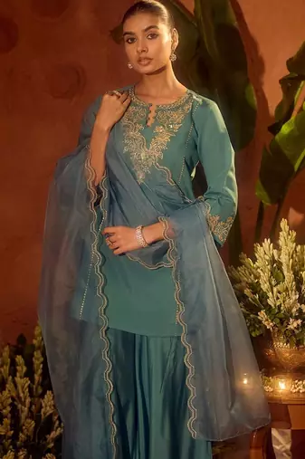 Rama embroidery work chanderi silk palazzo salwar suit set with organza silk dupatta