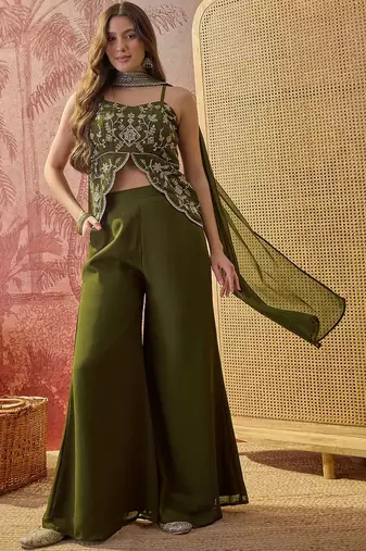 Green embroidery work georgette palazzo salwar suit set with georgette dupatta