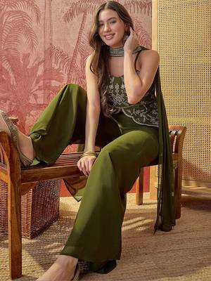 Green embroidery work georgette palazzo salwar suit set with georgette dupatta 2
