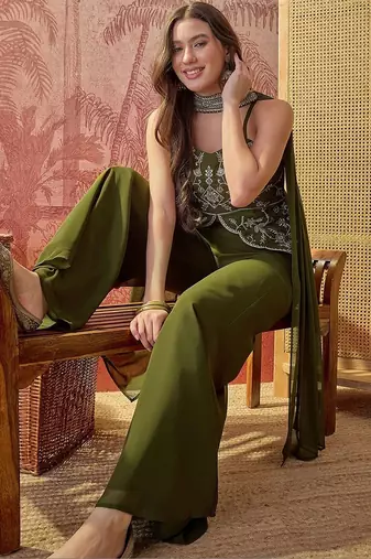 Green embroidery work georgette palazzo salwar suit set with georgette dupatta