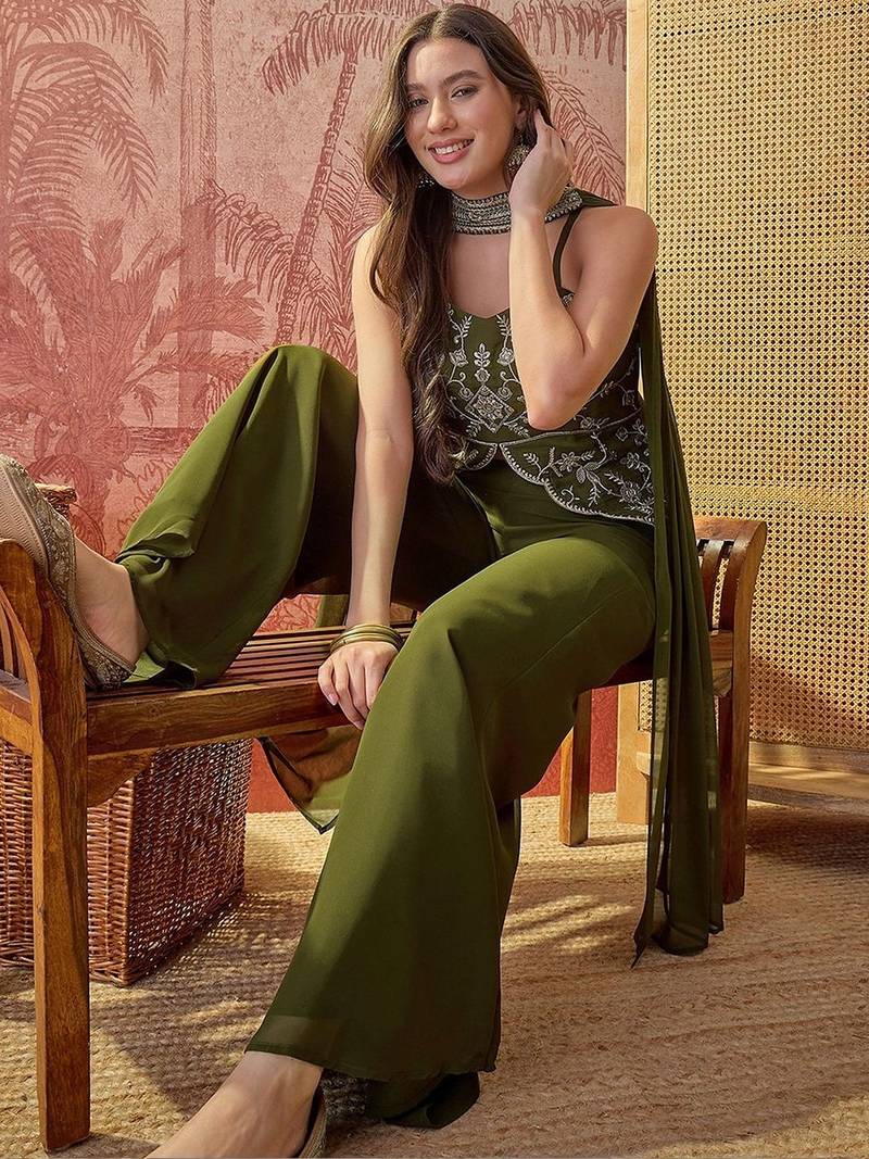 Green embroidery work georgette palazzo salwar suit set with georgette dupatta