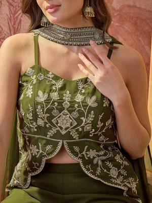 Green embroidery work georgette palazzo salwar suit set with georgette dupatta 3