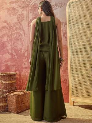Green embroidery work georgette palazzo salwar suit set with georgette dupatta 4