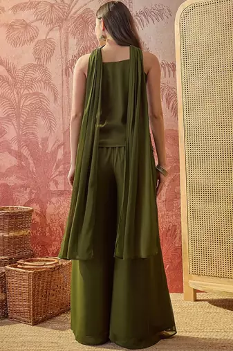 Green embroidery work georgette palazzo salwar suit set with georgette dupatta