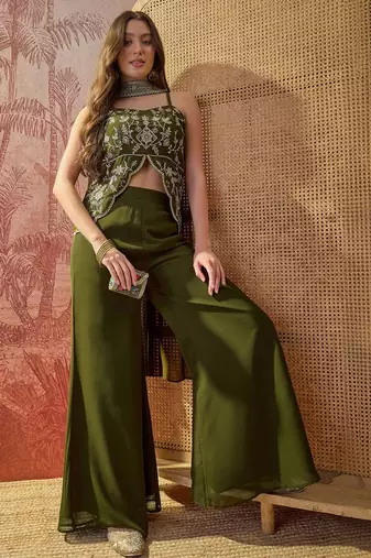 Green embroidery work georgette palazzo salwar suit set with georgette dupatta