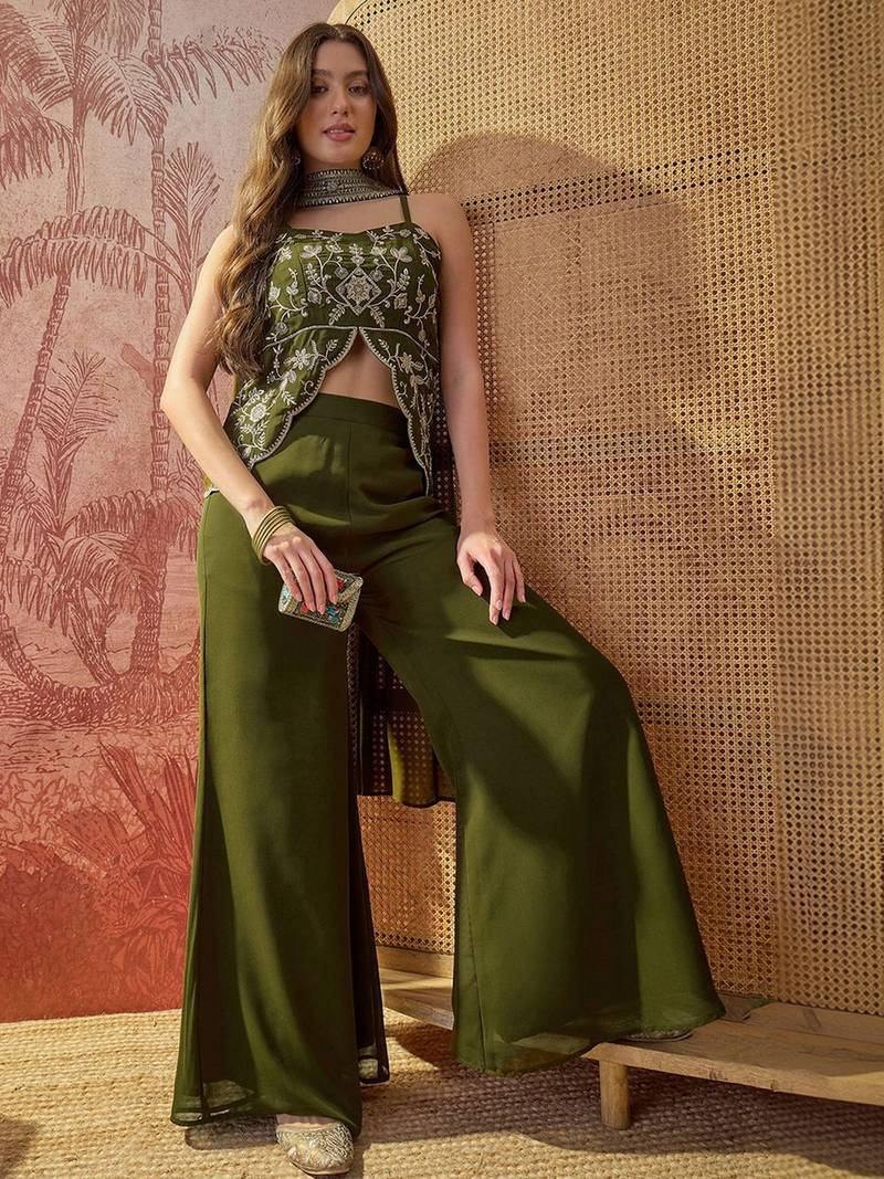 Green embroidery work georgette palazzo salwar suit set with georgette dupatta