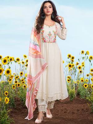 Off white embroidery work cotton chex stitched salwar suit set with soft silk dupatta 1